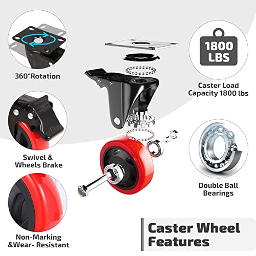 Nefish 4 Inch Industrial Caster Wheels with Brake, Casters Set of 4 Heavy Duty Grade Casters, Non-Marking Polyurethane Wheels, Workbench 1800 Lbs for Cart, Furniture, Shelving - size: 4 IN