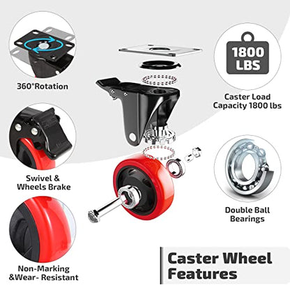 Nefish 4 Inch Industrial Caster Wheels with Brake, Casters Set of 4 Heavy Duty Grade Casters, Non-Marking Polyurethane Wheels, Workbench 1800 Lbs for Cart, Furniture, Shelving - size: 4 IN