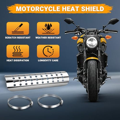 Universal Motorcycle Exhaust Heat Shield, Metal Shield Intake Baffle Cover with 90-110mm Clamps (Silver) - color: silver