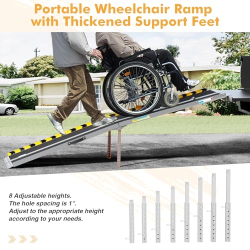 Portable Wheelchair Ramp 8ft, Anti-Slip Aluminum Alloy Barrier-Free Ramp with Thickened Support & Latch, Folding Handicap Ramps for Home Steps, Stairs, Doorways - size: 8ft