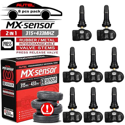 Autel TPMS Sensors MX Sensor Set of 8pcs Universal Tire Sensor Dual Frequency 315MHz/433MHz Autel MX Sensor Rubber Stem Programmable by TS508 TS408 TS508WF TS608 MS906TS ITS600 MS906PRO-TS - size: Sensor Rubber 8pcs