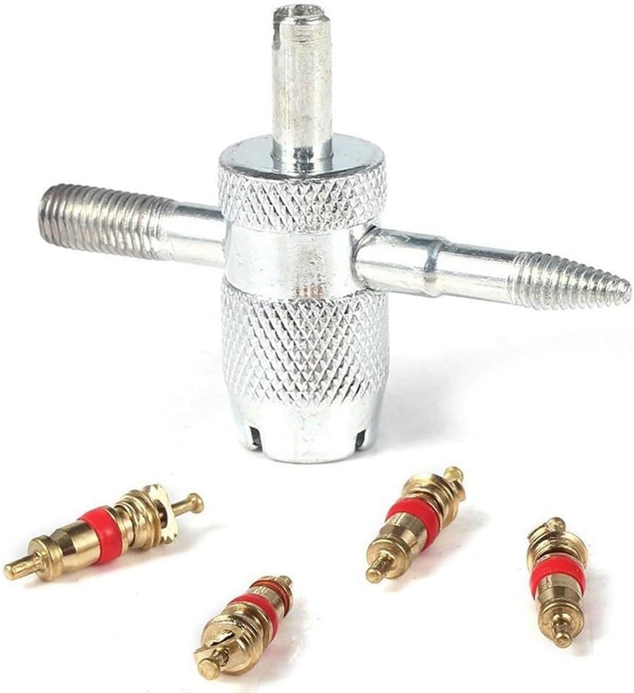 4-Way Tire Valve Core Tool Kit with 4 Brass Valve Cores - Multifunctional Tyre Valve Stem Remover Installer for Car, Motorcycle, Bicycle, Tire Repair & Emergency Roadside Use
