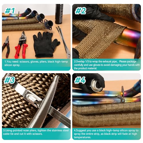 Exhaust Heat Wrap Roll 2" x 50' Titanium Fiberglass Heat Shield Tape 3 Rolls 5cm x 15m with 30pcs Stainless Ties for Motorcycle Car Truck - style: Titanium50' /3roll