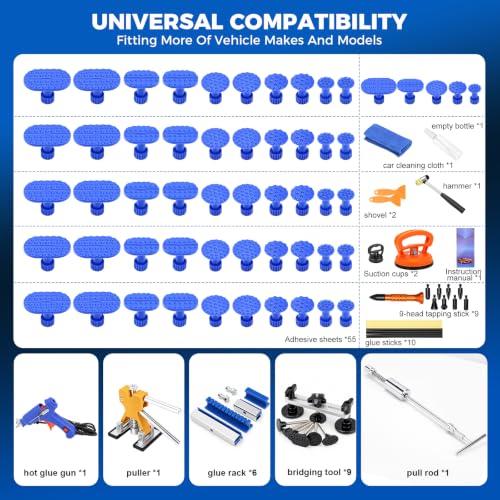 DISEN 101Pcs Paintless Dent Removal Kit, Car Dent Repair Tool Set with Bridge Puller, T-Slide Hammer, Glue Gun & Adhesive Sheets, for Dents, Dings, Creases and Hail Damage - size: 101 PCS