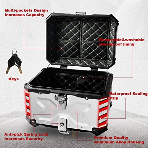Universal Motorcycle Top Case,65L Motorbike Tail Box Trunk Tour Storage Carrier Case with Backrest, Security Lock and Handle for Helmet Luggage,Sliver - color: Silver, size: 65L