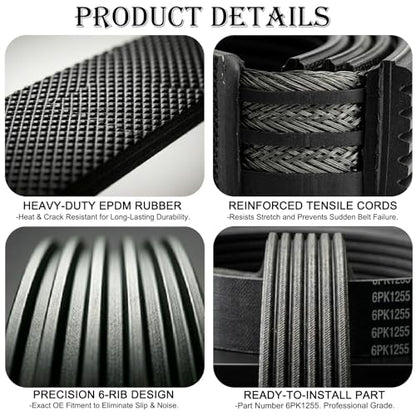 6PK1255 Serpentine Belt 49.45 Inch for Toyota Camry RAV4 2.5L L4 2AZ-FE - size: 6PK1255