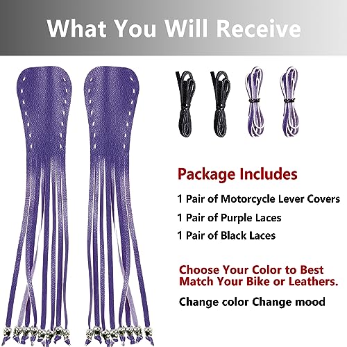 2PCS Faux Leather Motorcycle Lever Covers with Fringes, Motorcycle Brake Clutch Lever Covers Grip Tassels Motorcycle Handlebar Handle Grip Covers, Fringed Leather Lever Covers Wraps with Skulls - color: Purple & Black Laces*1 & Purple Laces*1