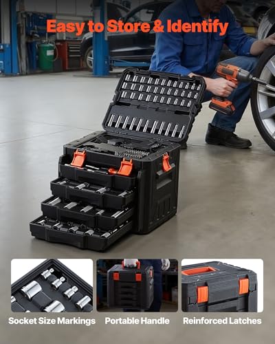VEVOR Mechanics Tool Set, 256-Piece Mechanic Tool Kit, 1/4 in, 3/8 in, and 1/2 in Drive, SAE and Metric Socket Set, Wrenches, Screwdriver Bits, Accessories, and Storage Case, for Automotive Repair - size: 256-PCS