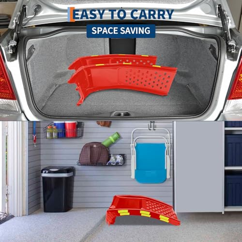 Heavy Duty Steel Car Ramp Set - 8 Inch Lift Height - 8,000 lbs Capacity - Reflective Safety Stickers for Truck and SUV Repair, 2 Pack - Red - color: Red