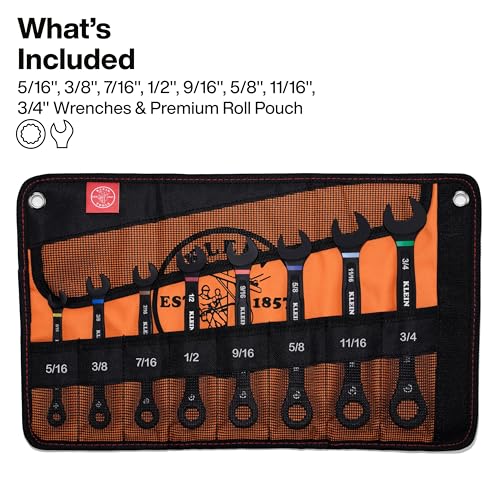 KLEIN TOOLS 69408G Ratcheting Combination Wrench Set, SAE, 8-Piece, 90-Tooth Ratchet, I-Beam Handle, Color-Coded Size Markings, Roll Pouch Storage