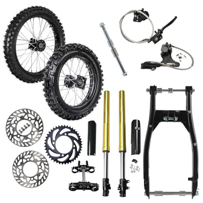 Front Motorcycle Tire 70/100-17 & Rear Knobby Tire 90/100-14 Wheel Tires Rim Inner Tube with 15mm Bearing & 14'' Rear Swing Arm & Front Fork 45mm/48mm for Pit Dirt Bike - size: Front 17 + Rear 14