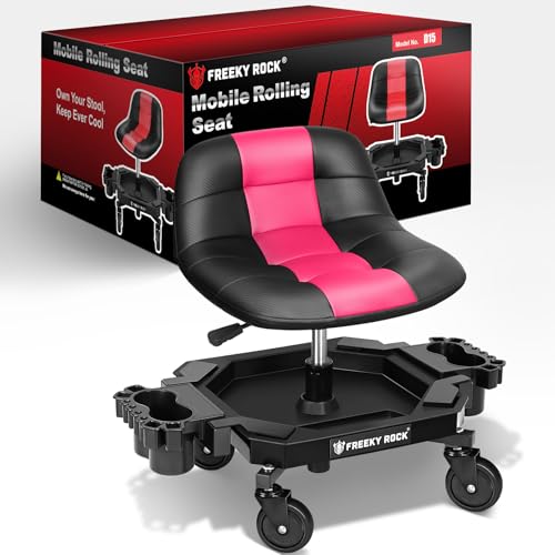 Rolling Stool with Wheels, Adjustable Height Pneumatic Garage Work Mechanic Stool Seat with Backrest, 400 LBS Capacity 360° Swivel Mechanic Crepper Chair with Tool Tray Storage, Pink - color: Pink