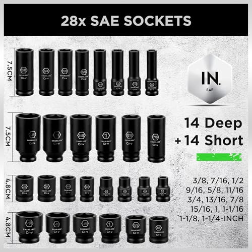 SWANLAKE 1/2" Drive Impact Socket Set, 66-Piece Standard SAE (3/8"-1-1/4") and Metric (8-24mm) Size, 6 Point, Cr-V, 1/2-Inch Drive Ratchet Handle, Extension Bar, Impact Universal Joint - style: 1/2'' 66PCS