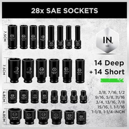 SWANLAKE 1/2" Drive Impact Socket Set, 66-Piece Standard SAE (3/8"-1-1/4") and Metric (8-24mm) Size, 6 Point, Cr-V, 1/2-Inch Drive Ratchet Handle, Extension Bar, Impact Universal Joint - style: 1/2'' 66PCS