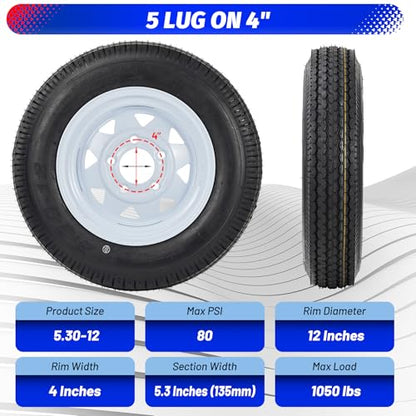 5.30-12 5.30x12 530-12 5.30-12 Trailer Tires with 12 in Rims, 5 Lug on 4.5", Load Range C, 6PR (530 12 with 5 lug) - size: 5.30-12, style: 5 lug on 4.5"