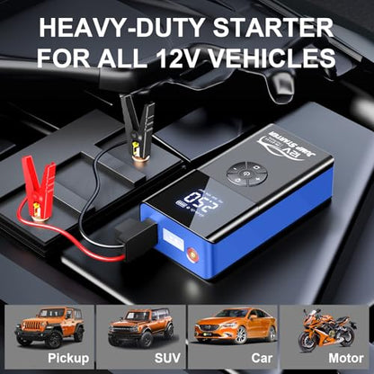 Jump Starter with Air Compressor, 8000A 180PSI, Portable Car Battery Jump Starter (All Gas/12L Diesel) 12V Automobile Jump Box Pack Chargers with Jumper Cables, 4-Mode LED Lights - color: blue