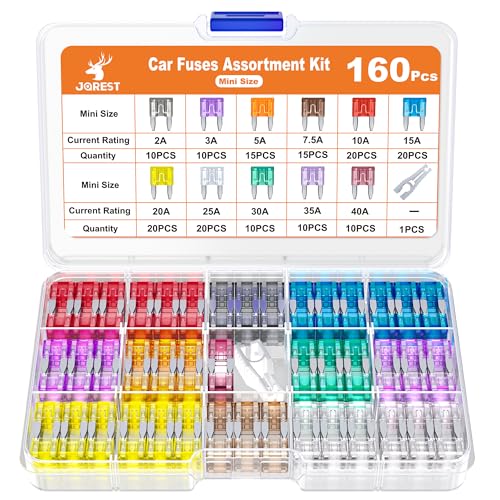 JOREST 160Pcs Mini Fuses Kit,Car Fuses Assortment Kit,Automotive Blade Fuse for Car/RV/Truck/Motorcycle(2Amp 3A 5A 7.5A 10A 15A 20A 25A 30A 35A 40A) + Auto Fuse Puller - style: 160pcs Mini