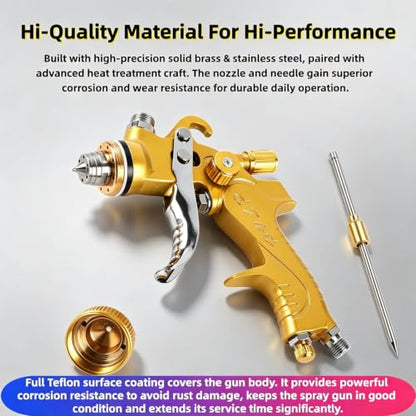 HVLP Spray Gun with 10Pcs 600ML Disposable Paint Cups, 4 Nozzles,1.4/1.7/2.0/2.5mm， Air Compressor Regulator, Disposable Cups Automotive Gravity Spray Paint Gun for Auto Paint(Gold)