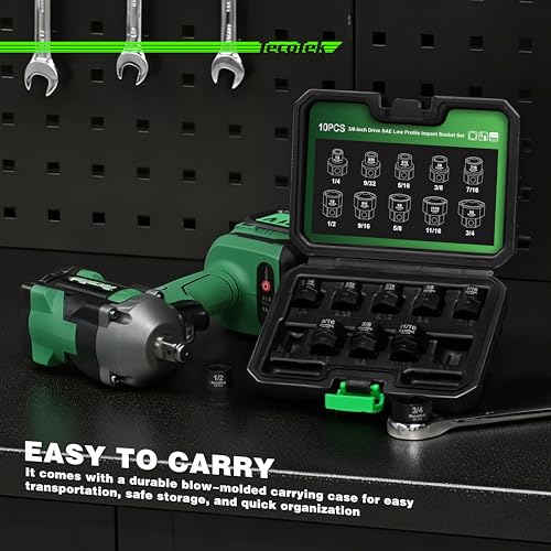 TecoTek 10-Piece 3/8-Inch Drive SAE Low Profile Impact Socket Set, Stubby Socket Set, 1/4"-3/4", 6 Point, Cr-Mo, Shorter Socket for Tight Areas - size: 1/4" - 3/4"(3/8" Dr.)