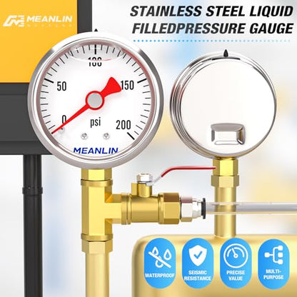 MEANLIN MEASURE 2pcs 0~200Psi Stainless Steel Liquid Filled, 1/8" NPT 1.5" Glycerin Filled Pressure Gauge, Water Oil Air, Lower Mount, with 1/4" NPT and 3/8" NPT Hex Bushing - size: 0-200Psi