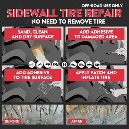 GlueTread Complete Off-Road Tire Repair Kit - Fix Sidewall Damage and Punctures - Includes Heavy Duty Tire Patch Kit, Plugs & Colby Emergency Valve Stem - Enhanced Rubber Formula, Fast Setting