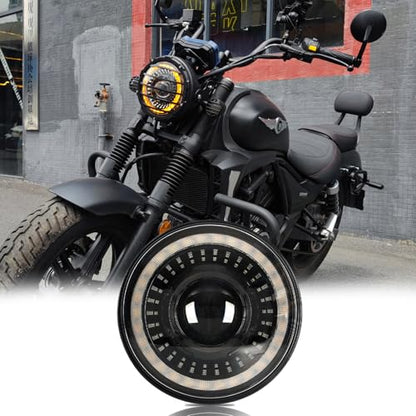 7 Inch Motorcycle Headlight with White/Amber DRL Start-up Gradient Welcome Halo,1pc - color: Amber