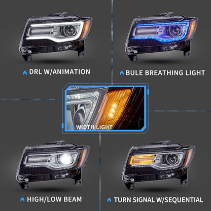 VLAND Led Headlights Compatible with Cherokee 4th Gen WK2 2011-2013 Halogen/Xenon Version w/Dynamic Animation Blue Running Light w/Sequential Turn Signal (Chrome) - color: Chrome