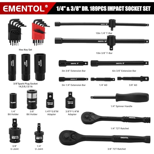 EMENTOL 189-Piece Impact Socket Set, 1/4" & 3/8" Drive Metric and SAE Sizes, CR-V Steel, Includes Deep & Shallow Sockets, Ratchets, Bits, Extensions, Spark Plug Socket & More, with Plastic Tool Case - size: 1/4" & 3/8" 189pcs