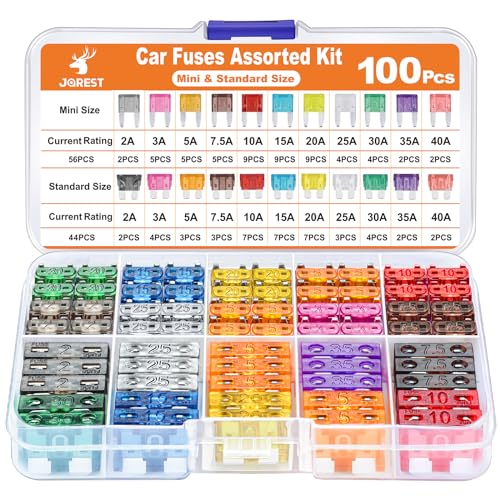 JOREST 100Pcs Car Fuse Assortment Kit, 56 Mini Blade Fuses Automotive + 44 Standard Auto Fuses + 1 Fuse Puller – for Car/RV/Truck/Motorcycle/Boat (2Amp 3A 5A 7.5A 10A 15A 20A 25A 30A 35A 40A) - style: 100Pcs Mini & Standard