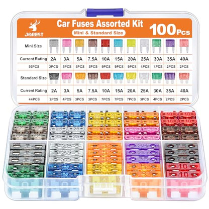 JOREST 100Pcs Car Fuse Assortment Kit, 56 Mini Blade Fuses Automotive + 44 Standard Auto Fuses + 1 Fuse Puller – for Car/RV/Truck/Motorcycle/Boat (2Amp 3A 5A 7.5A 10A 15A 20A 25A 30A 35A 40A) - style: 100Pcs Mini & Standard