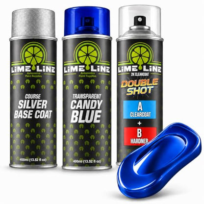 LiME LiNE Complete 3-Step Candy Paint Kit – Automotive Aerosol Paint System with Silver Base, Transparent Candy & 2K Clearcoat, Professional Finish, No Spray Gun Required (Candy Blue) - color: Candy Blue