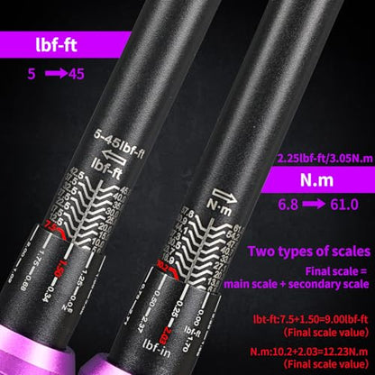 3/8" Inch Drive Click Torque Wrench 5-45 FT-LB/6.8-61N.M, ±3% Accuracy, Dual-Direction Click Professional Torque Wrench, Dual Range Scales Graduated in FT.LB and N.M, Purple - size: 3/8" 5-45 FT.LB(Purple)
