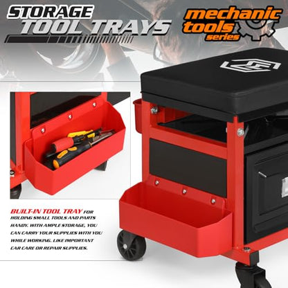 M-AUTO Mechanic Stool Garage Rolling Tool Chest Seat w/Drawer & Tray, 350LBS Capacity Multi-Function Adjustable Height Mechanic Creeper Seat for Projects Inside The Garage and Workshop, Red - size: 16"