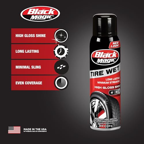 Black Magic BC23220 Tire Wet Spray, 14.5 Oz. - Weather and Rinse-Resistant Formula That Leaves Tires Looking Wet, Black and Glossy With Just One Spray - size: 14.5 Fl Oz (Pack of 1), style: High Gloss Shine