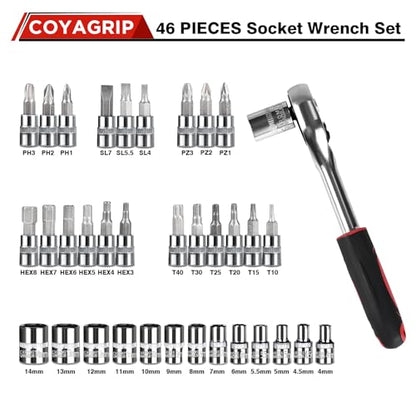 46PCS Socket Ratchet Wrench Set, 1/4 Inch Drive Small Tool Set with Screwdriver Bit Sockets Extension Bar and Storage Case, Metric Socket Set for Car Repair and Home Use, Green - color: Green