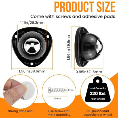 8PCS Self Adhesive Caster Wheels, Stainless Steel Swivel Ball Casters