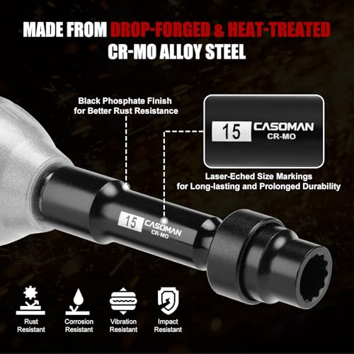 CASOMAN 9-Piece 1/2 Inch Drive Driveline Limited Clearance Socket Set, Deep Impact Swivel Socket Set, 12-Point, Metric, 8mm - 17mm, Cr-Mo Steel, with Heavy Duty Storage Case