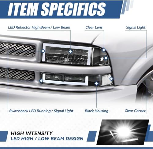 Auto Dynasty LED DRL Headlights Assembly Compatible with 1998-2004 Chevy Blazer S10, 4Pcs Headlamps Replacement w/Bumper Lamps, Box-Style LED Switchback DRL, Black Housing Clear Corner - color: Black, size: Box-Style LED DRL