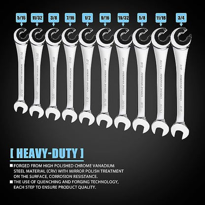 LOSCHEN 10 pcs SAE Ratcheting Wrench Combination Wrench Set 10 Pcs/Set with 72 Teeth, Chrome Vanadium Steel Tubing Ratchet Spanner（US and European Patents） - size: SAE set/10pcs