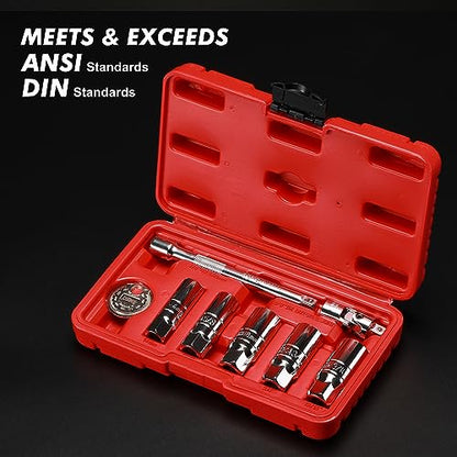 CASOMAN 3/8-Inch Drive Spark Plug Socket Set, 6-Point, Include Extension Bar, Universal Joint & Spark Plug Gapper, 8Piece Set, CR-V Steel - size: 8-Piece Set with Accessory