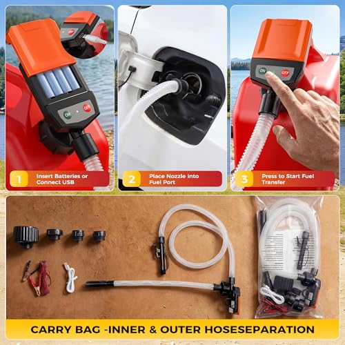 Fuel Transfer Pump with Auto-Stop Sensor, USB/Battery Powered Portable Gas Can Pump with 3.8 GPM High Flow, 51 Inch Long Hose & 4 Adapters, Leak-Free Transfer Pump for Gasoline, Diesel