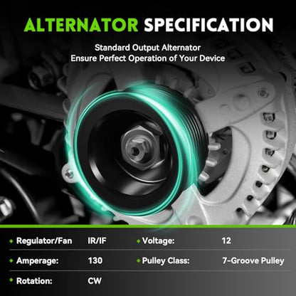 11390N New Alternator Replacement for 2.4L Honda Accord 2008-2012, Acura TSX 2009 2010 2011 2012 2013 2014, 130A, 12V, 7-Groove Pulley, 11390, 1042105890, 12870 - size: 11390N