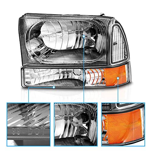 AmeriLite OE Chrome Replacement Headlights 4pcs Set w/Socket Bulb for 1999-04 Ford Excursion/Super Duty F250 F350 F450 F550 Truck - Passenger and Driver Side - color: Chrome