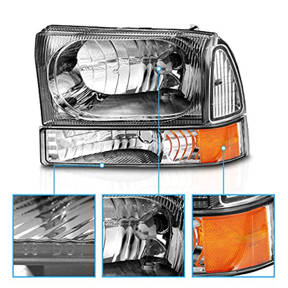 AmeriLite OE Chrome Replacement Headlights 4pcs Set w/Socket Bulb for 1999-04 Ford Excursion/Super Duty F250 F350 F450 F550 Truck - Passenger and Driver Side - color: Chrome