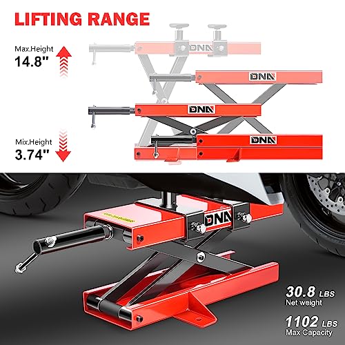DNA Motoring Motorcycle Lift, 1100 LBS Scissor Jack with Saddle & Safety Pins, 3.7"-14.8" Center Hoist Crank Stand, TOOLS-00289 - style: 1100lbs