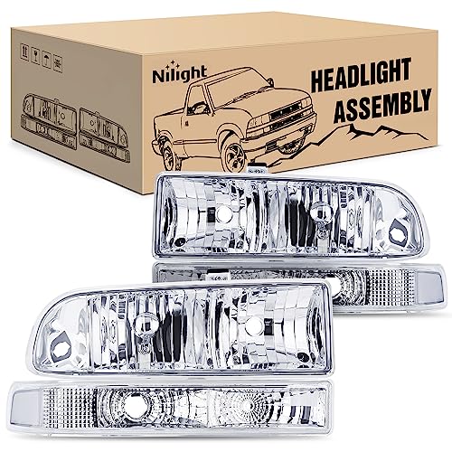 Nilight Headlight Assembly for 1998 1999 2000 2001 2002 2003 2004 2005 Chevy Blazer Headlights 1998-2004 Chevrolet S10 Pickup Replacement Headlamp Housing Bumper Lights - color: Chrome Housing+ Clear Reflector