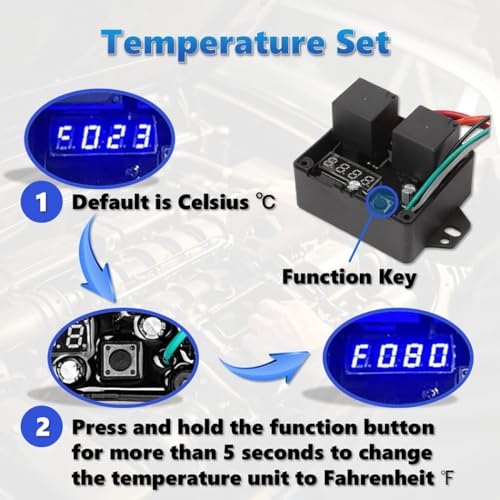 12V/24V Digital Electric Radiator Fan Controller Switch Kit with Adjustable Temperature Range (104-230°F), LED Real-Time Display, Thermatic Dual Fan Relay Kit for Automotive Systems (Part #0444)