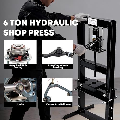 GAOMON 6 Ton Hydraulic H-Frame Shop Press – Heavy Duty Manual Hydraulic Press with Adjustable Bed, Stamping Plates, Worktable – Auto Repair, Metalworking, Garage, Engine Bearing Removal – 6T, Black