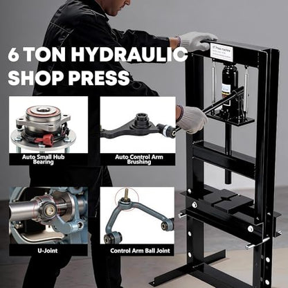 GAOMON 6 Ton Hydraulic H-Frame Shop Press – Heavy Duty Manual Hydraulic Press with Adjustable Bed, Stamping Plates, Worktable – Auto Repair, Metalworking, Garage, Engine Bearing Removal – 6T, Black