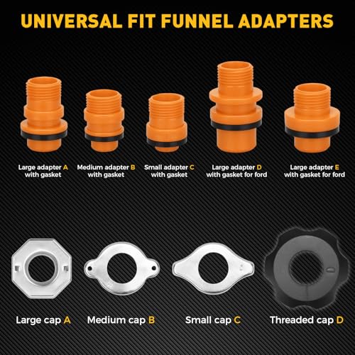 20-Piece No-Spill Coolant Funnel Kit, Cooling System Funnels Kits, Spill Proof Funnel Bleeder, Radiator Funnels Kit with Adapters, Extensions, Flexible Hose, Circular-Funnel, Towel for Automotive Use - color: New Version Orange